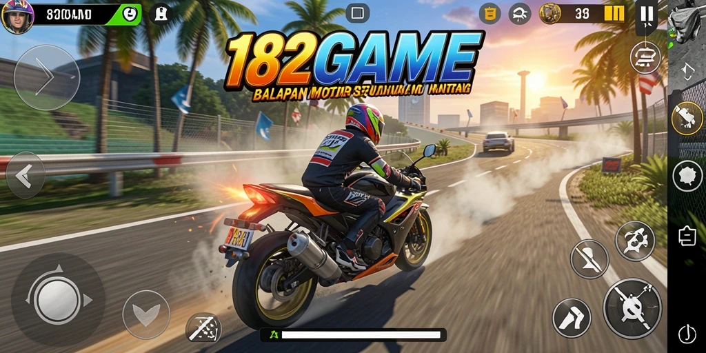 Gameplay menegangkan dalam 182GAME dengan motor balap di lintasan cepat.