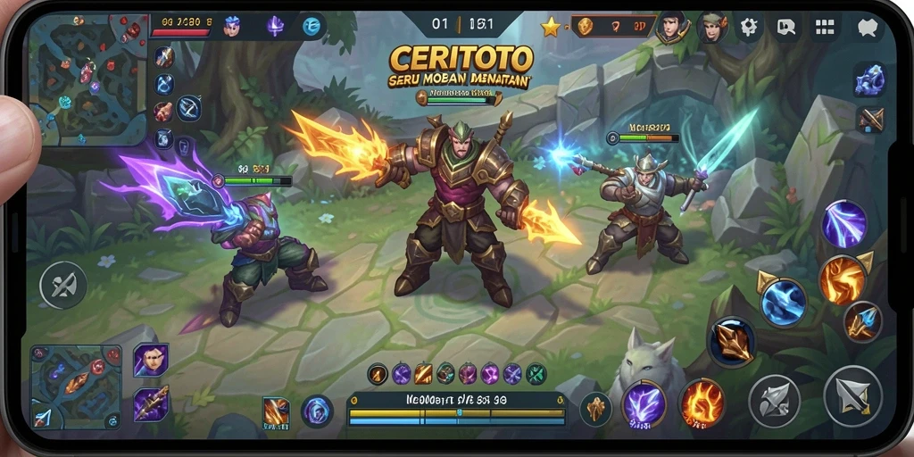 Tangkapan layar gameplay CERITOTO dari pertempuran seru MOBA.