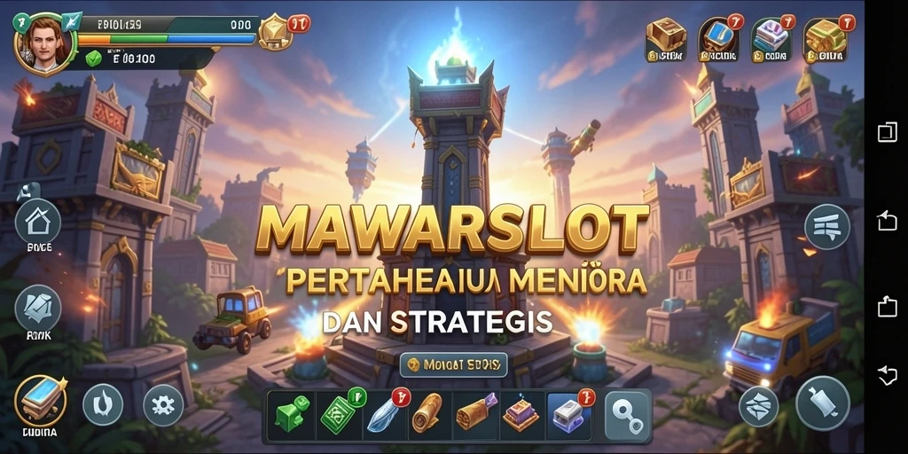 Screenshot gameplay MAWARSLOT menampilkan menara bertahan melawan gelombang musuh.