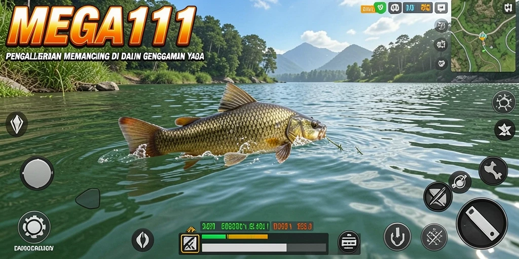 Screenshot gameplay MEGA111 menampilkan aktivitas memancing seru.