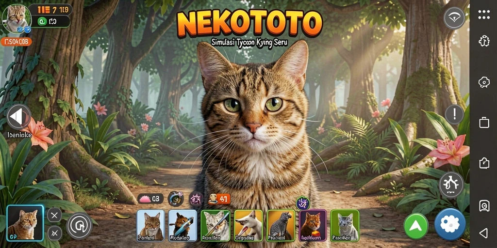 Tangkapan layar game NEKOTOTO menampilkan manajemen kucing yang seru.
