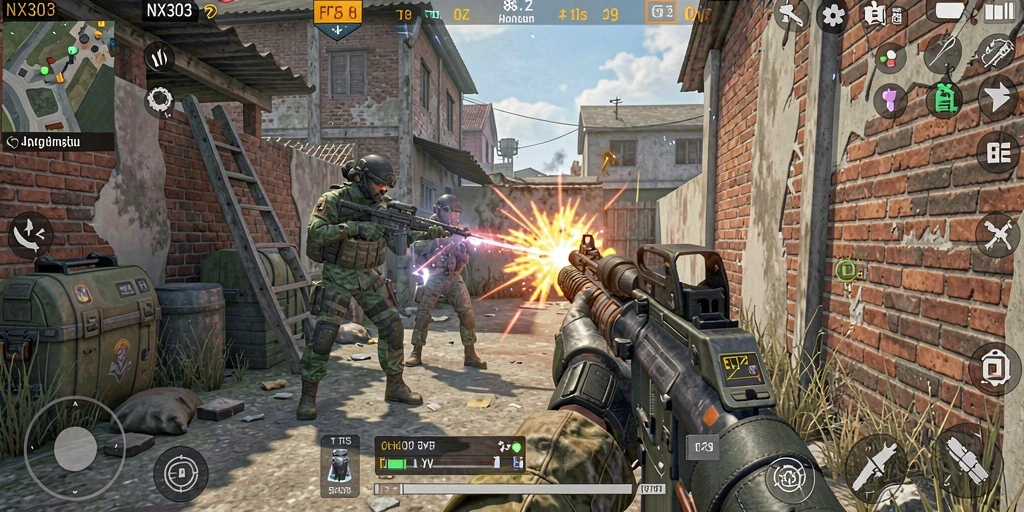 Screenshot utama NX303 menampilkan aksi intens dalam mode FPS.