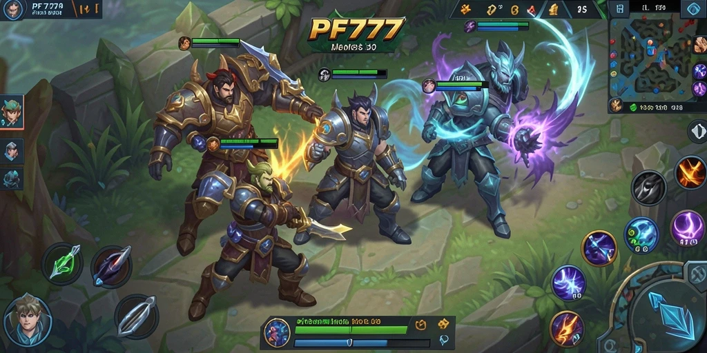 Screenshot utama PF777 menunjukkan pertarungan seru antar pemain MOBA.