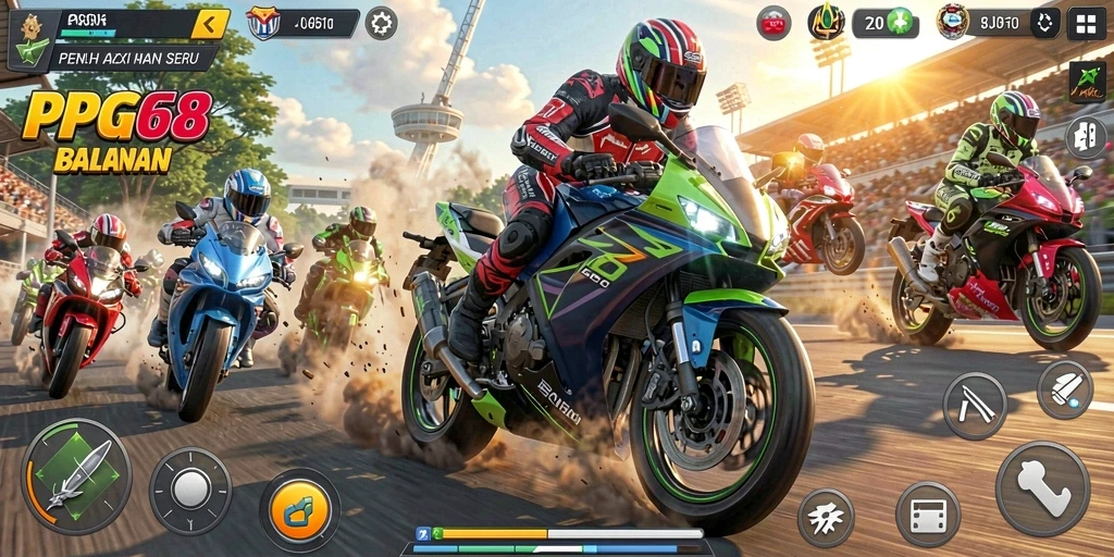 Screenshot gameplay PGG68 menampilkan balapan motor yang seru dan mendebarkan.