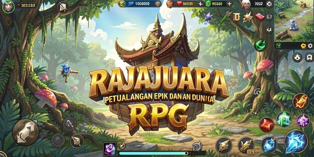 Screenshot gameplay RAJAJUARA menampilkan pertarungan epik dan karakter unik.