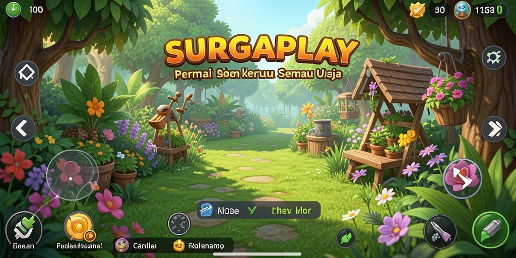 Screenshot gameplay <strong>SURGAPLAY</strong> yang menampilkan kebun yang indah dan tanaman yang subur.