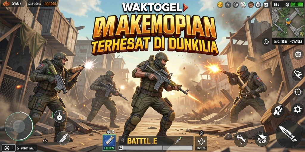 Screenshot gameplay WAKTOGEL menampilkan pertarungan intens di arena Battle Royale.
