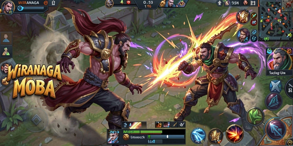 Tampilan seru gameplay WIRANAGA dalam pertarungan MOBA.